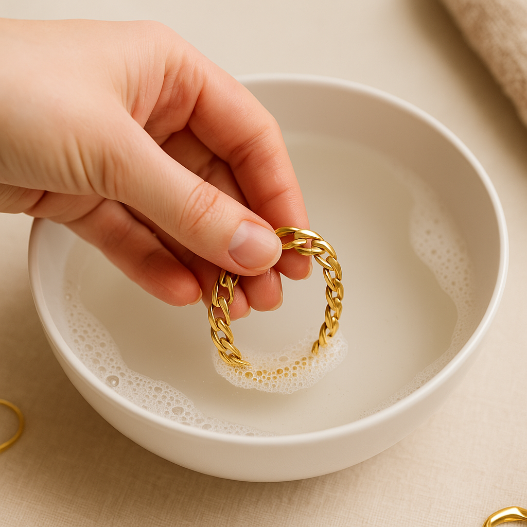 تمیز کردن طلا و زیورآلات در خانه با محلول آب گرم و صابون ملایم